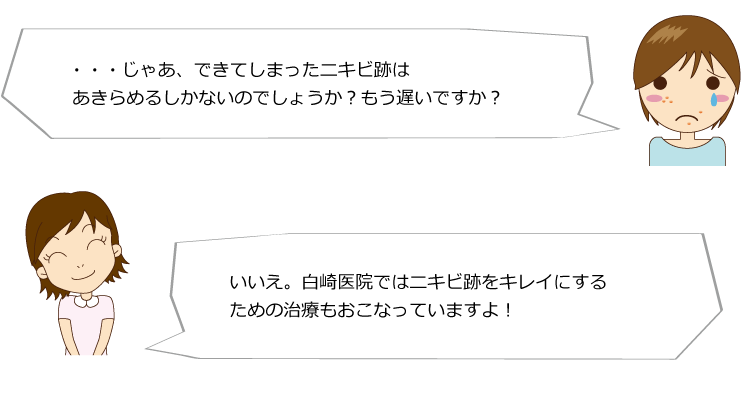 じゃあ、できてしまったニキビ跡はあきらめるしかないのでしょうか?もう遅いですか?いいえ、白崎医院ではニキビ跡をキレイにするための治療もおこなっていますよ!